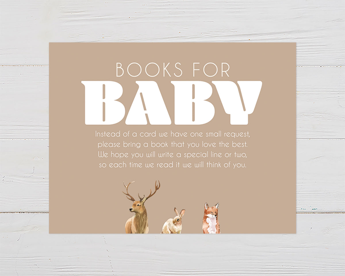 A wildlife adoption books for baby card featuring watercolor illustrations of a deer, rabbit, and fox on a brown background with simple white text above.