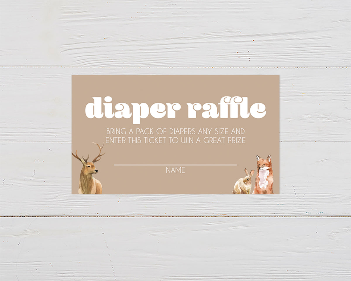 A wildlife adoption diaper raffle ticker featuring painted illustrations of a deer, rabbit, and fox on a brown background.