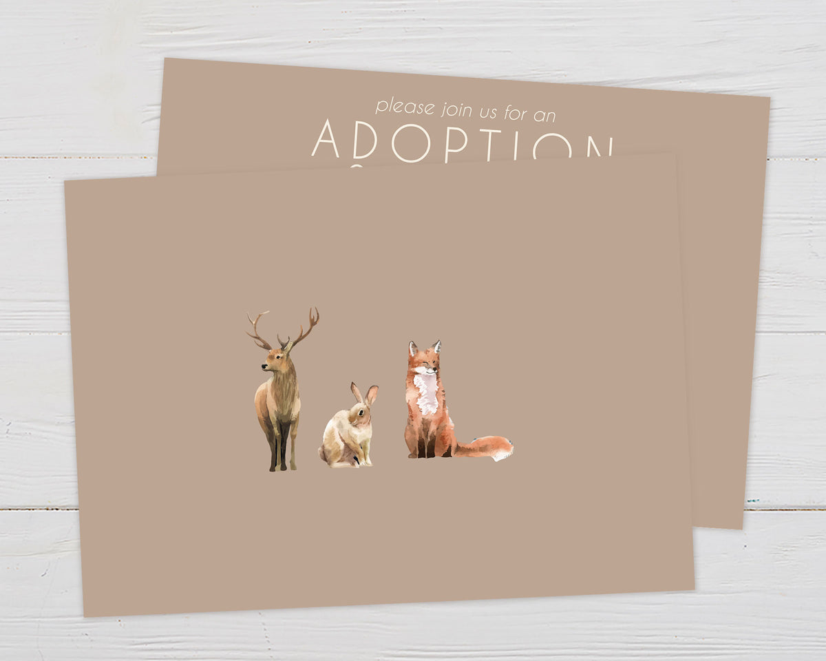 A wildlife adoption shower invitation with woodland animals on a neutral background. The design features soft colors and simple text. - back.