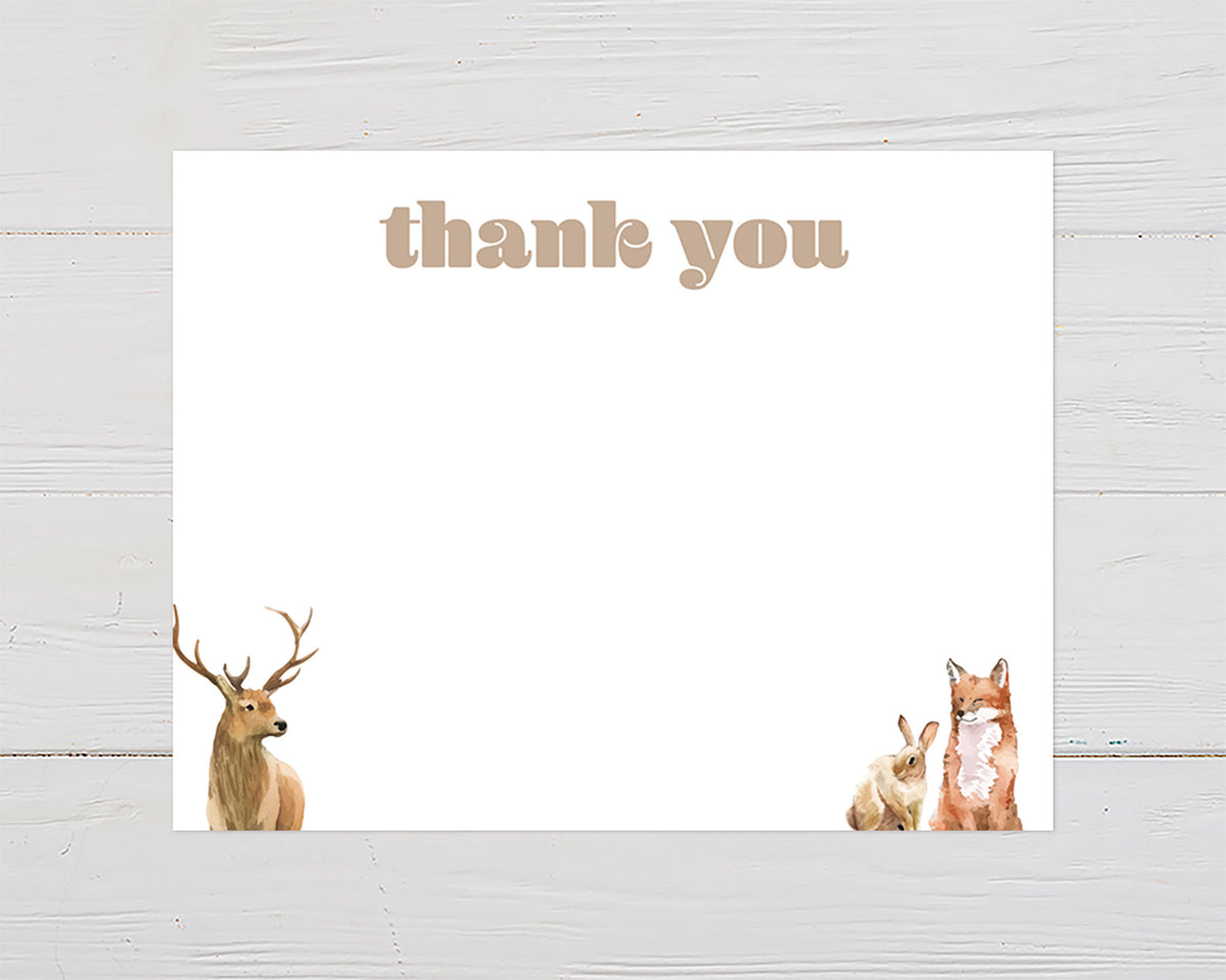 A wildlife adoption thank you card featuring a painted deer, rabbit, and fox on a white background.