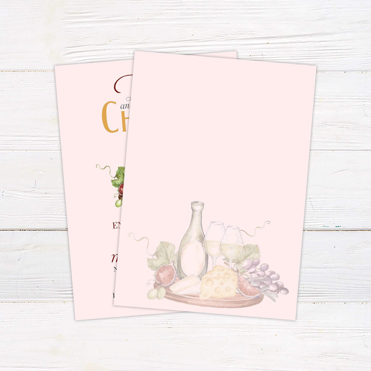 Pink wine and cheese engagement invitation with grapes and cheese design.