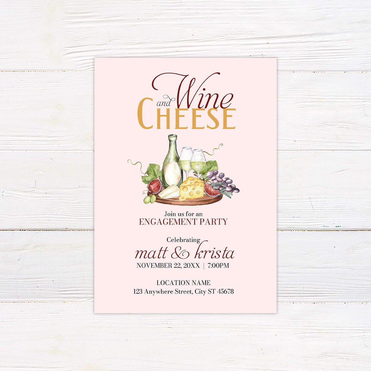 Wine and Cheese Engagement Invitation with elegant design and party details for Matt and Krista's celebration.