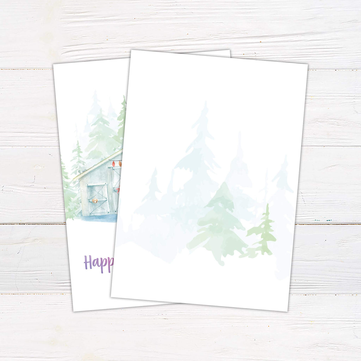 Watercolor holiday card featuring a snowy barn with festive string lights, evergreen trees in the background, and "Wishing You a Happy Holiday Season" in gradient text. - back side