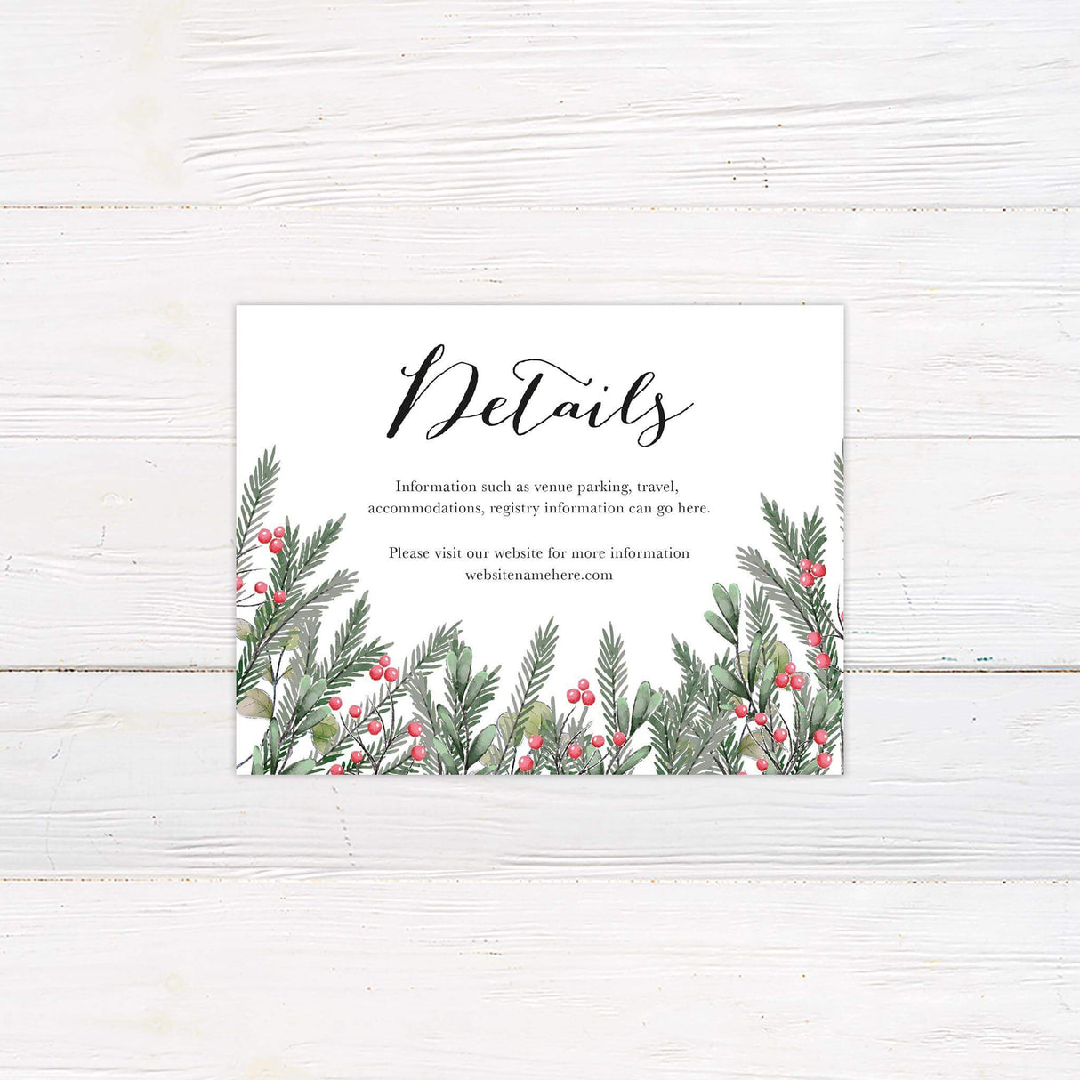 Winter detail card with coordinating greenery and festive seasonal accents.