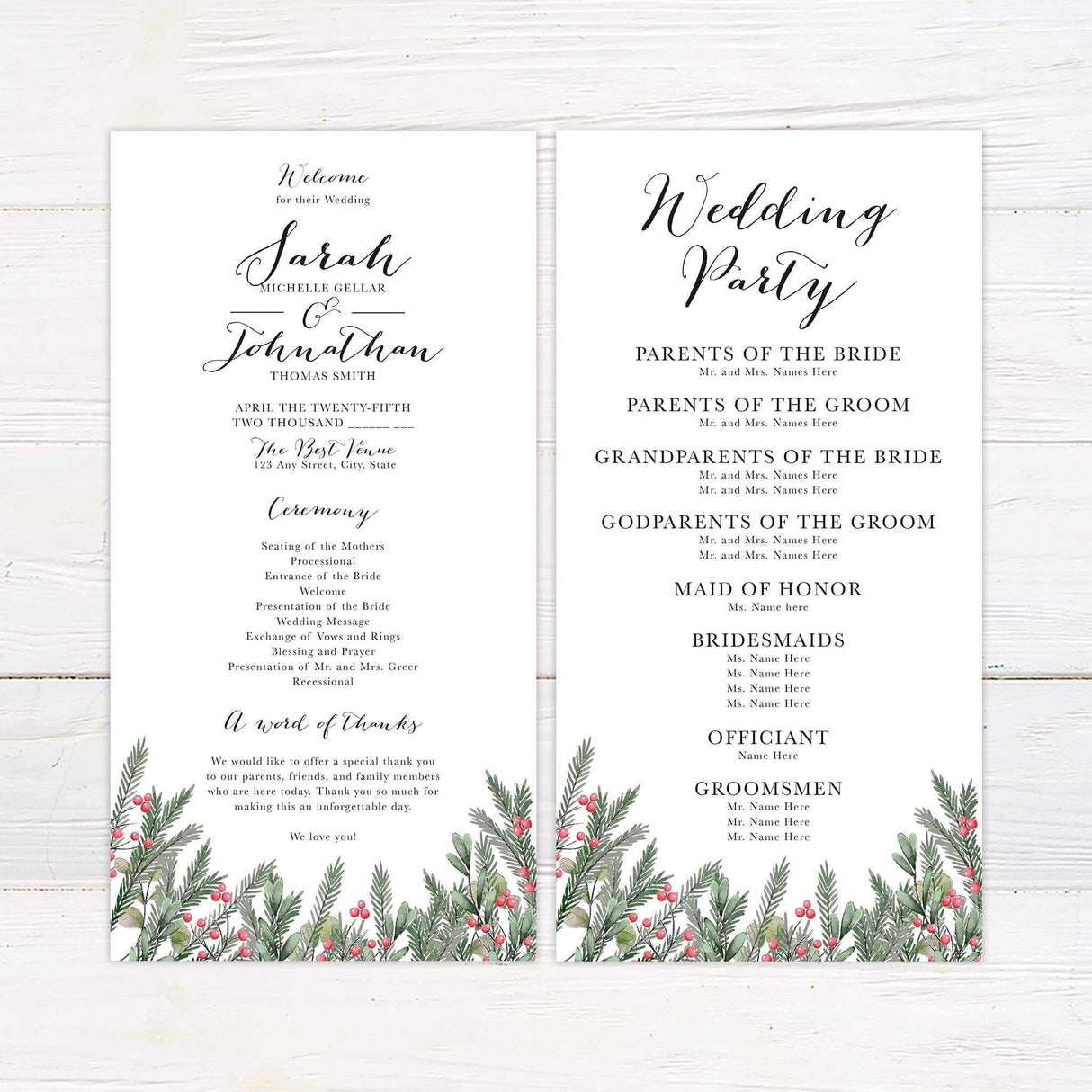 Wedding program featuring red berries, pine branches, and classic typography.
