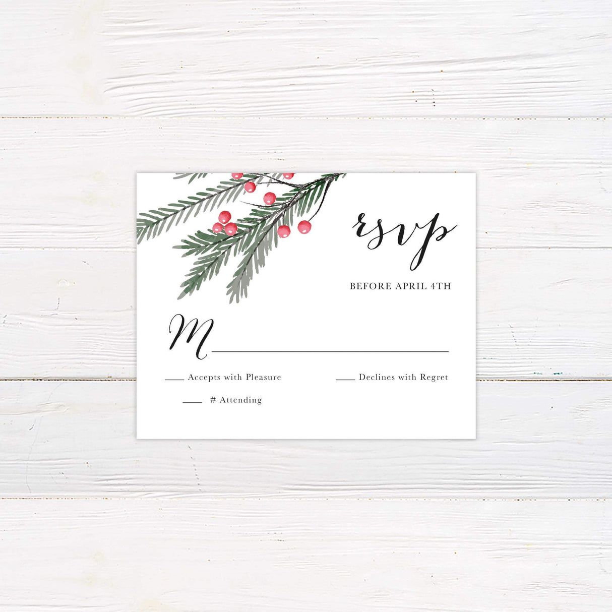 Matching RSVP card with red berries and evergreen sprigs in watercolor style.