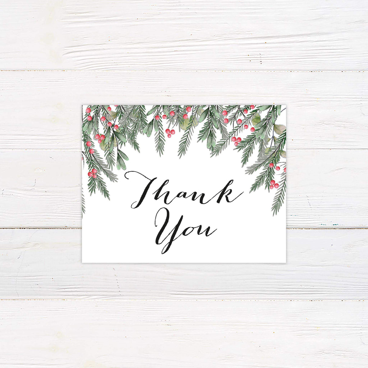 Botanical thank you card with winter foliage and berry illustrations.