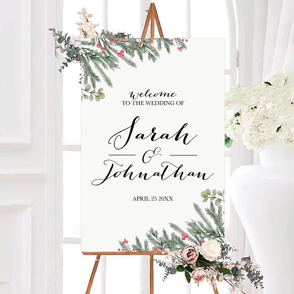 Large welcome sign with festive red berries and green pine sprigs in watercolor.