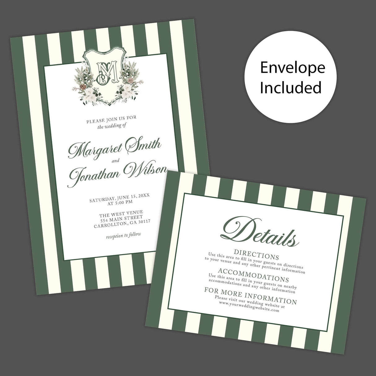 Winter Crest Wedding Invitation with green stripes, floral monogram, and matching details card. Envelope included.