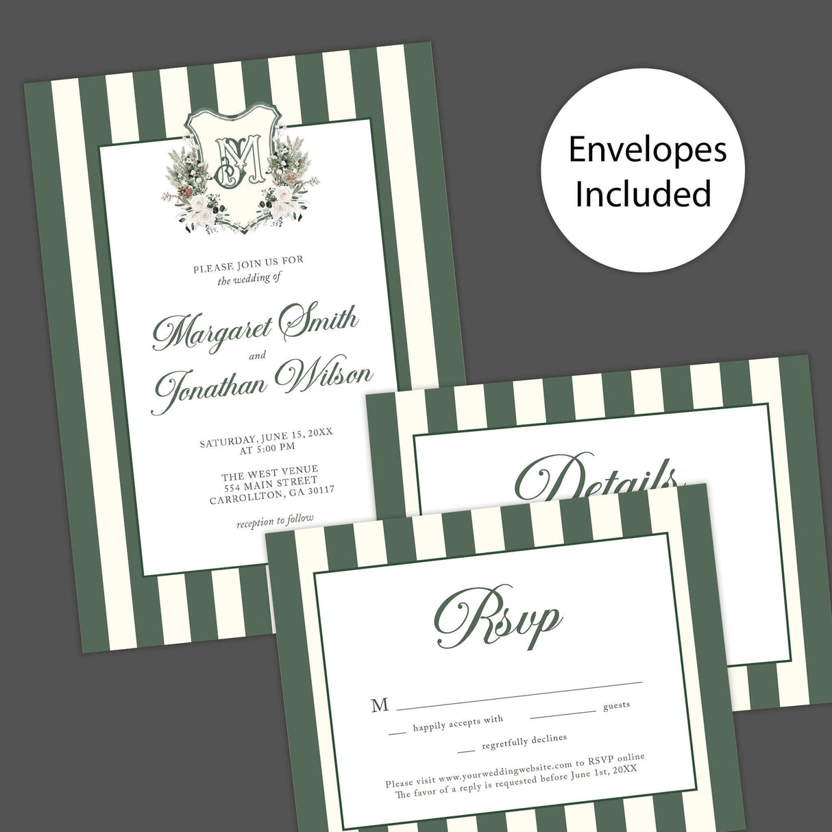 Winter Crest Wedding Invitation with green stripes, floral monogram, RSVP, details cards included, envelopes in background.