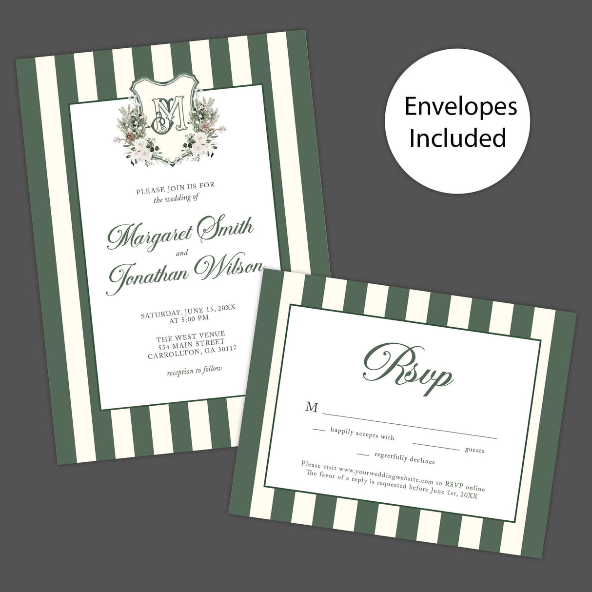 Winter Crest Wedding Invitation with green stripes and floral monogram, featuring RSVP card. Envelopes included.
