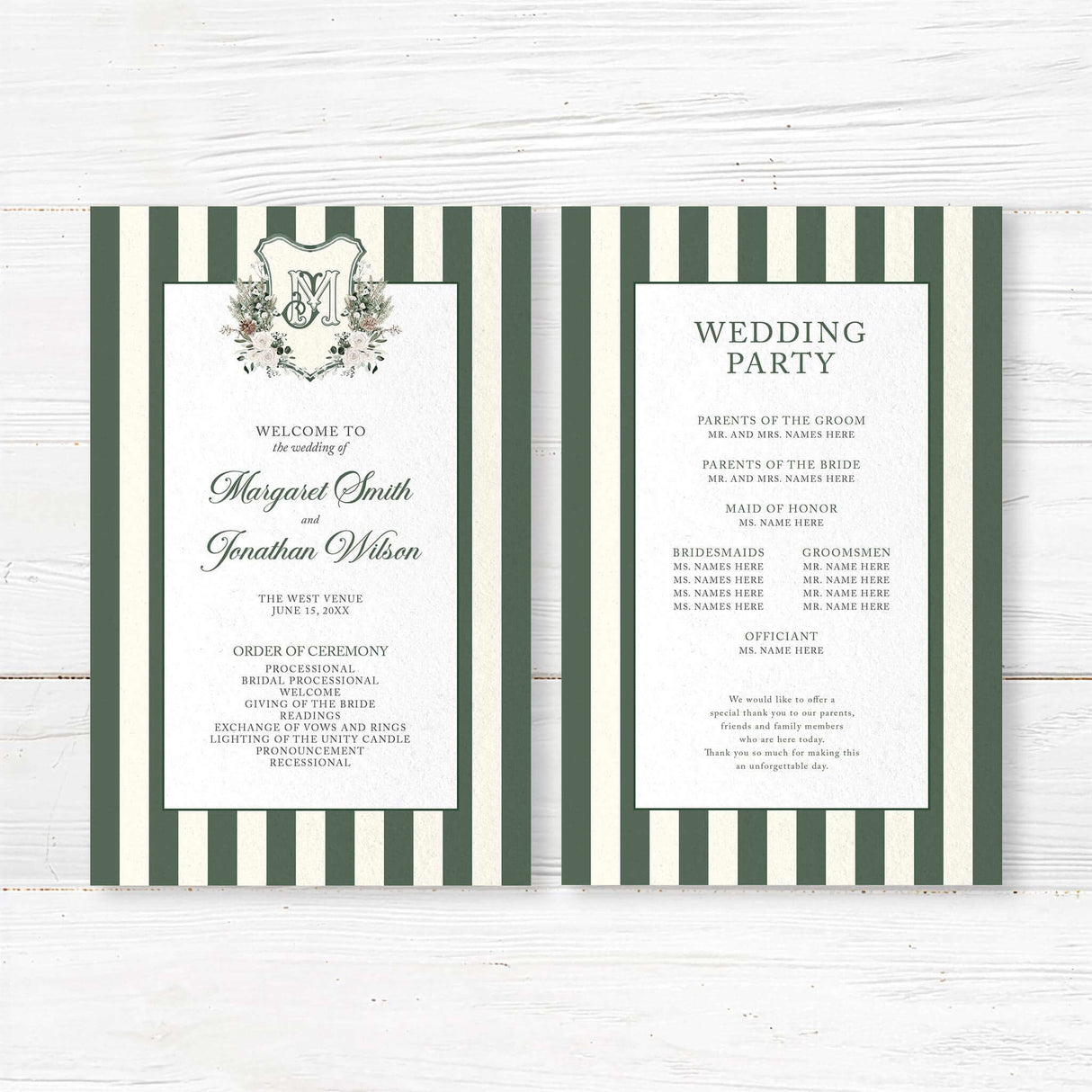 Winter wedding ceremony program with vertical dark green and ivory stripes, a centered white panel, floral crest, and formal serif and script fonts for an elegant event.