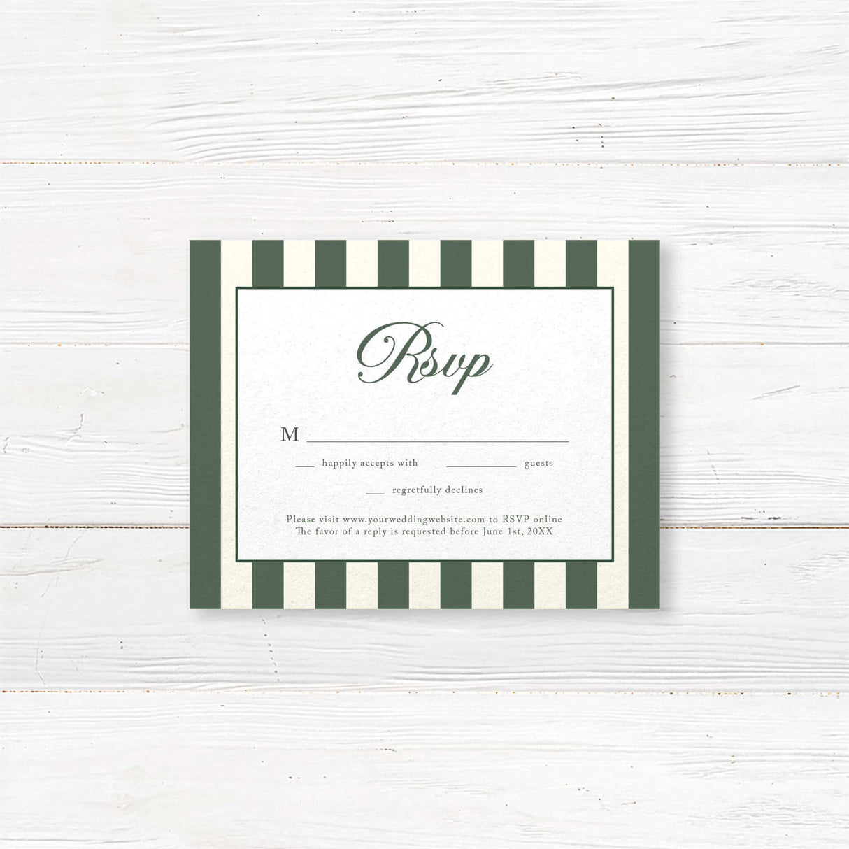 Wedding RSVP card with dark green and ivory stripes, elegant serif font, and floral crest design to match Winter Crest wedding suite for a formal seasonal celebration.