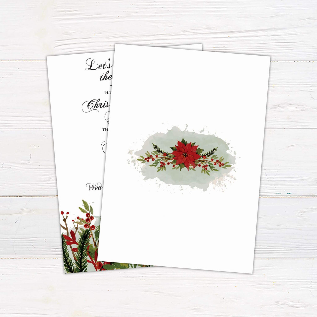 Elegant invitation for a holiday gathering featuring red and green watercolor florals and pine branches along the bottom. Formal script fonts invite guests to a Christmas family event at a specified location. - back side.
