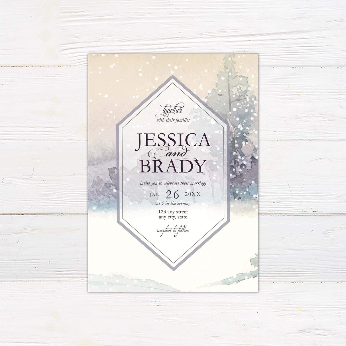 Winter forest wedding invitation with watercolor snowy trees, soft muted background, and a modern geometric frame.