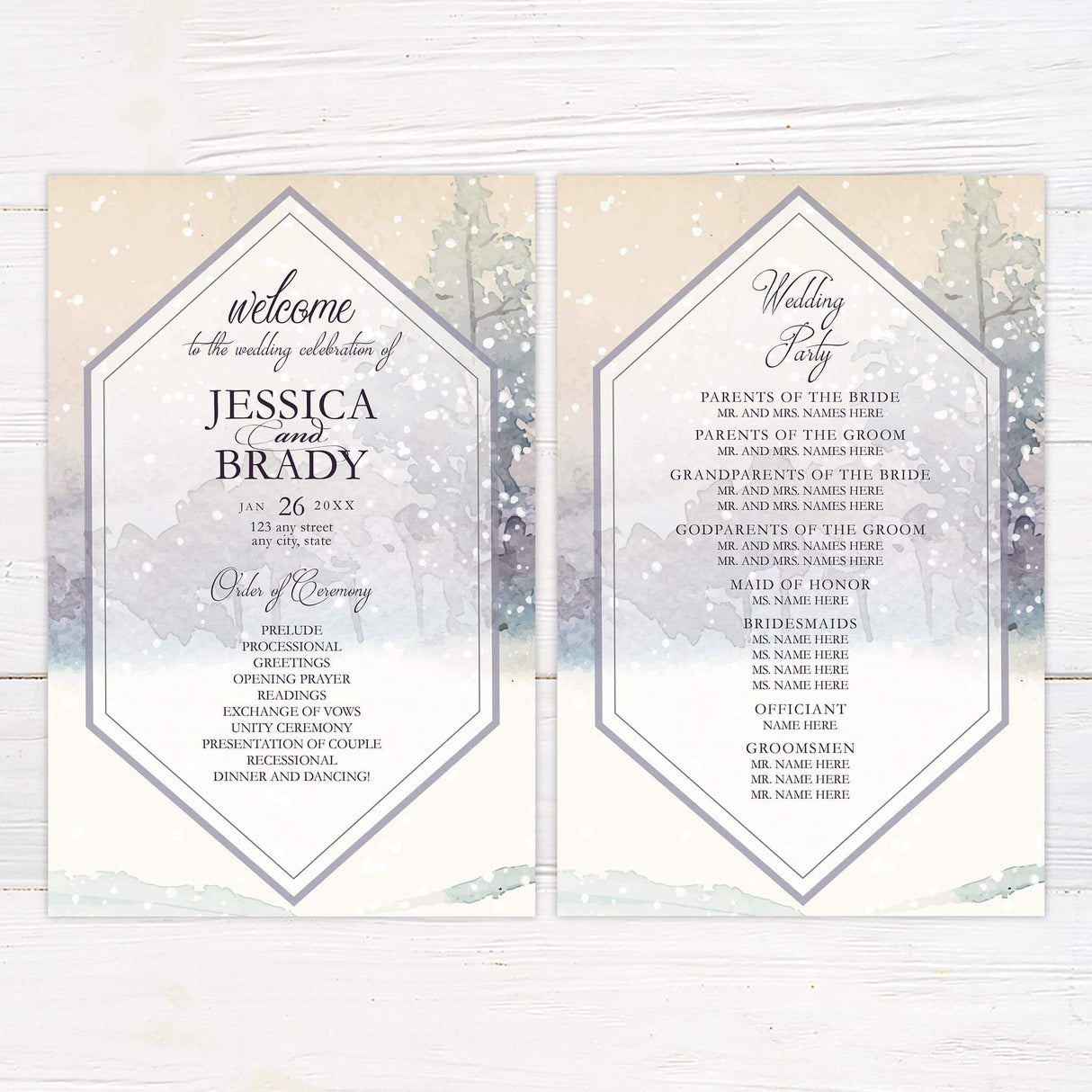 Coordinated wedding program with snowy trees and elegant text layout.