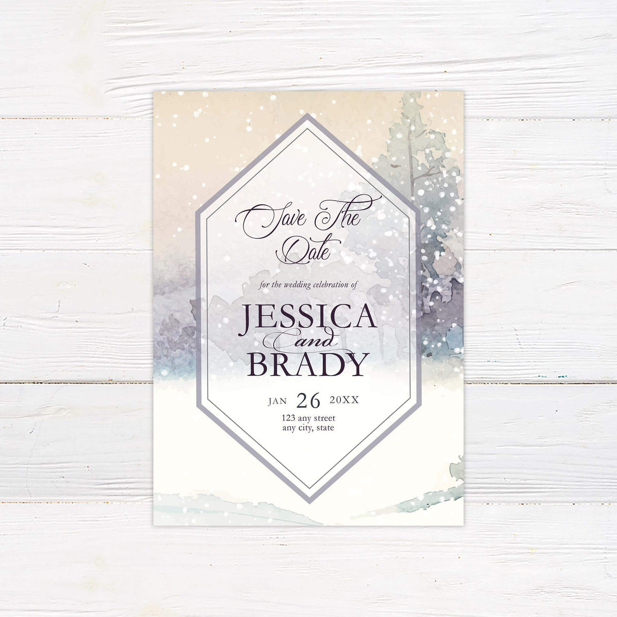 Save the Date card with serene winter forest illustration and modern design.