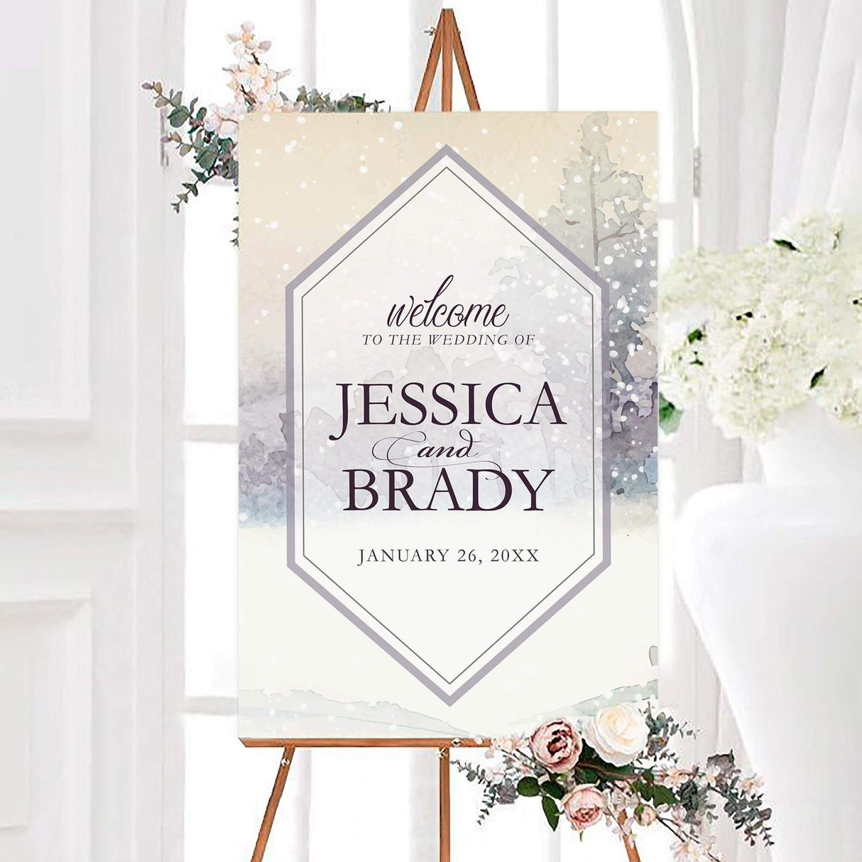 Winter forest snow wedding welcome sign featuring a peaceful snow-covered winter forest and elegant personalized typography. A scenic seasonal sign designed to welcome guests to a winter wedding ceremony or reception.