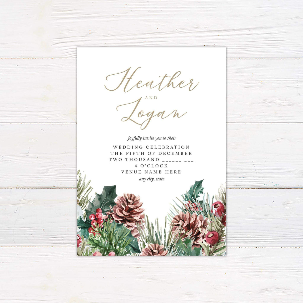 Rustic winter wedding invitation featuring watercolor pine cones, evergreen branches, red berries, and elegant script.