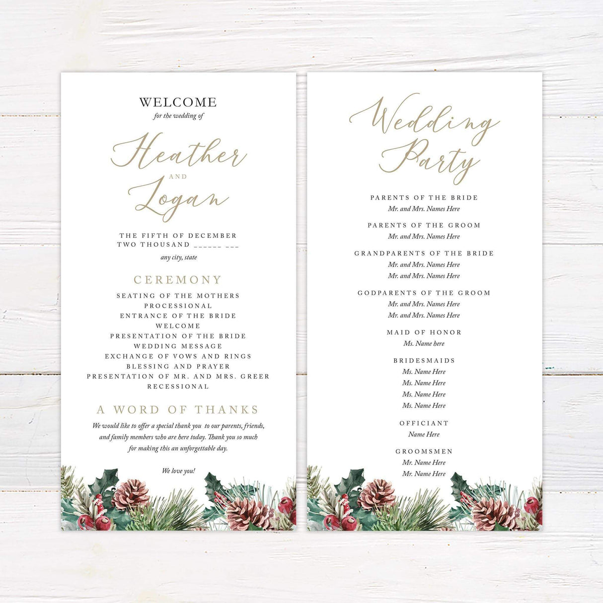Rustic wedding program with pine cone and red berry watercolor accents.