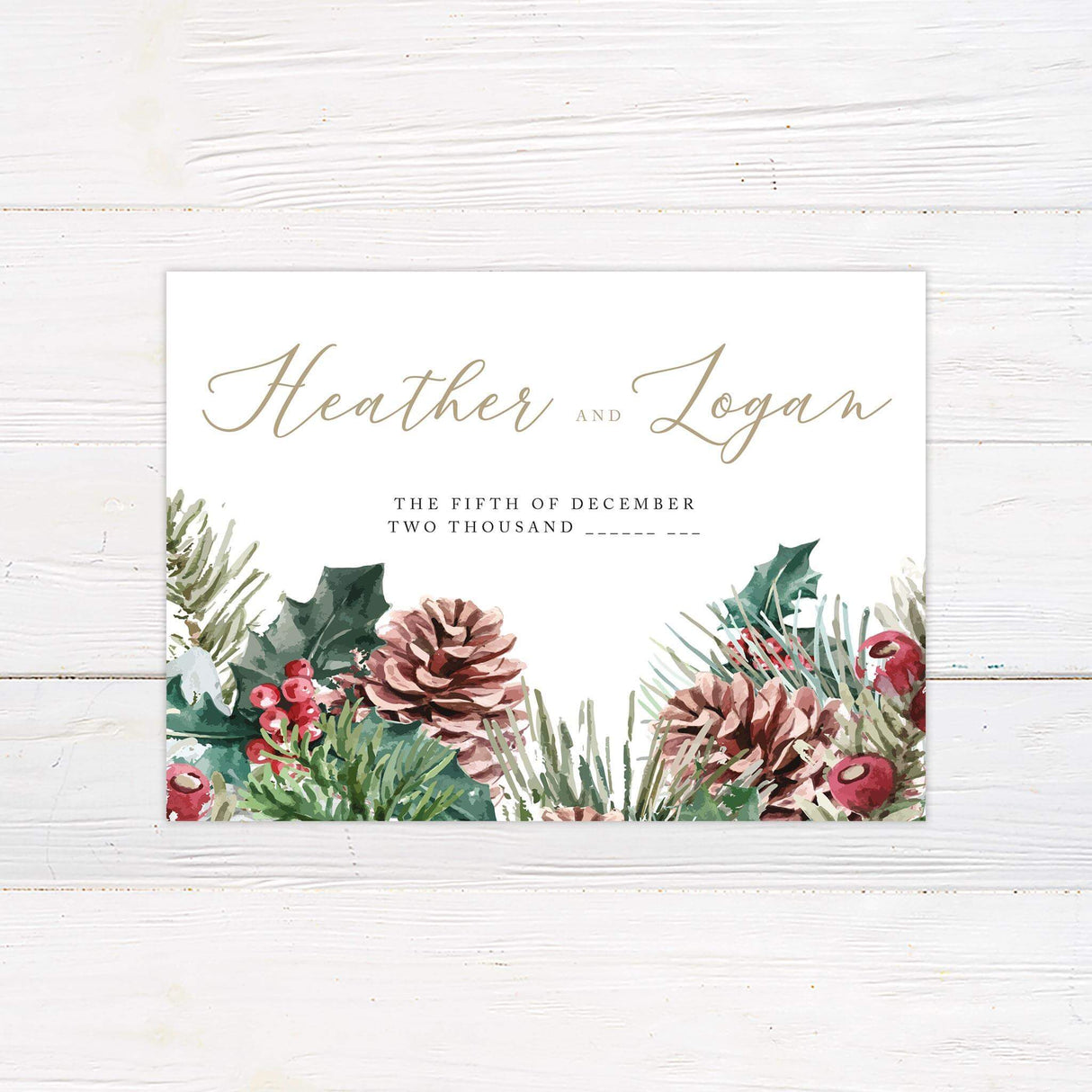 Rustic Save the Date with pine branches and berries from the Winter Pine Cones suite.