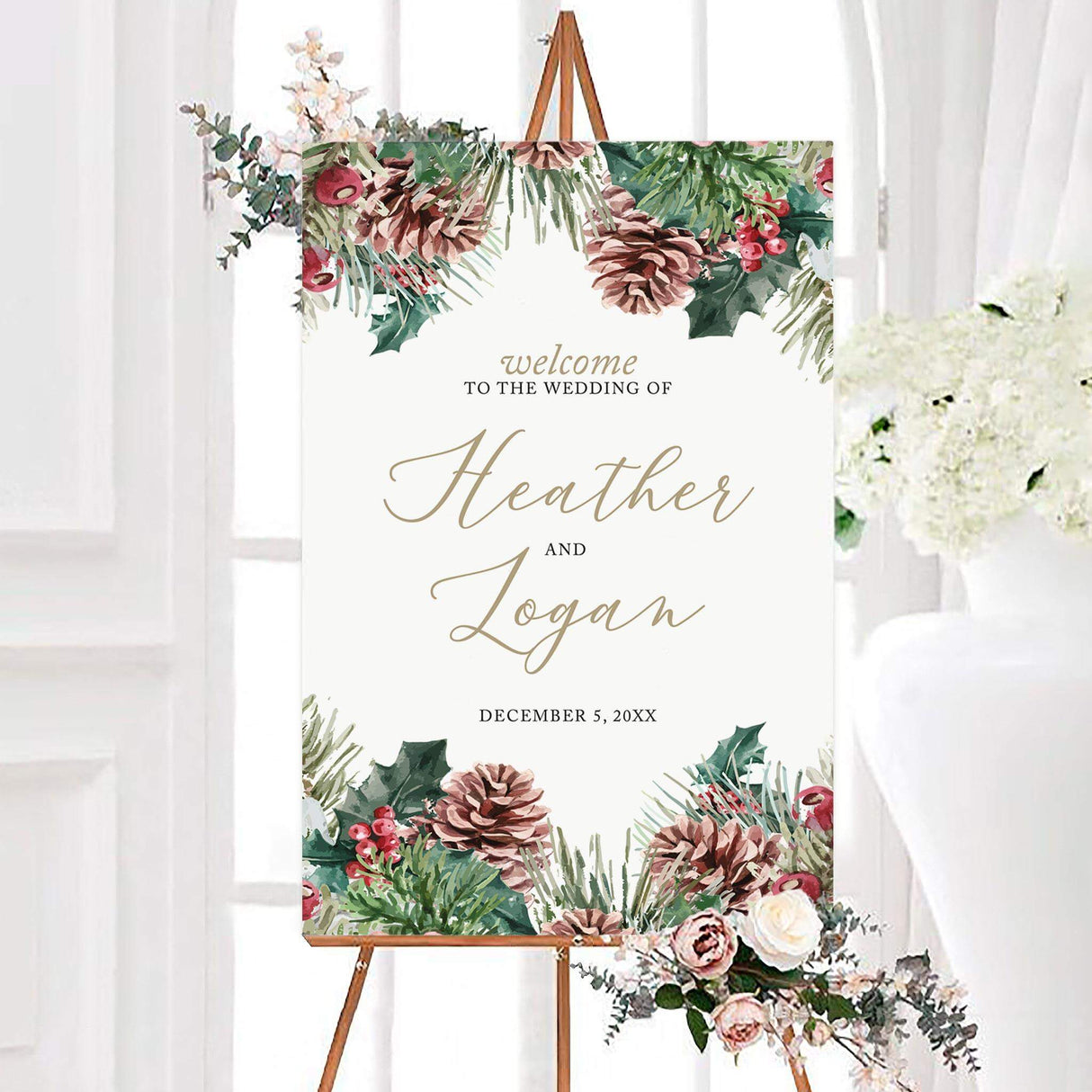 Winter pine cones wedding welcome sign featuring winter evergreen branches, rustic pine cones, and elegant personalized typography. A botanical seasonal sign designed to welcome guests to a winter wedding ceremony or reception.