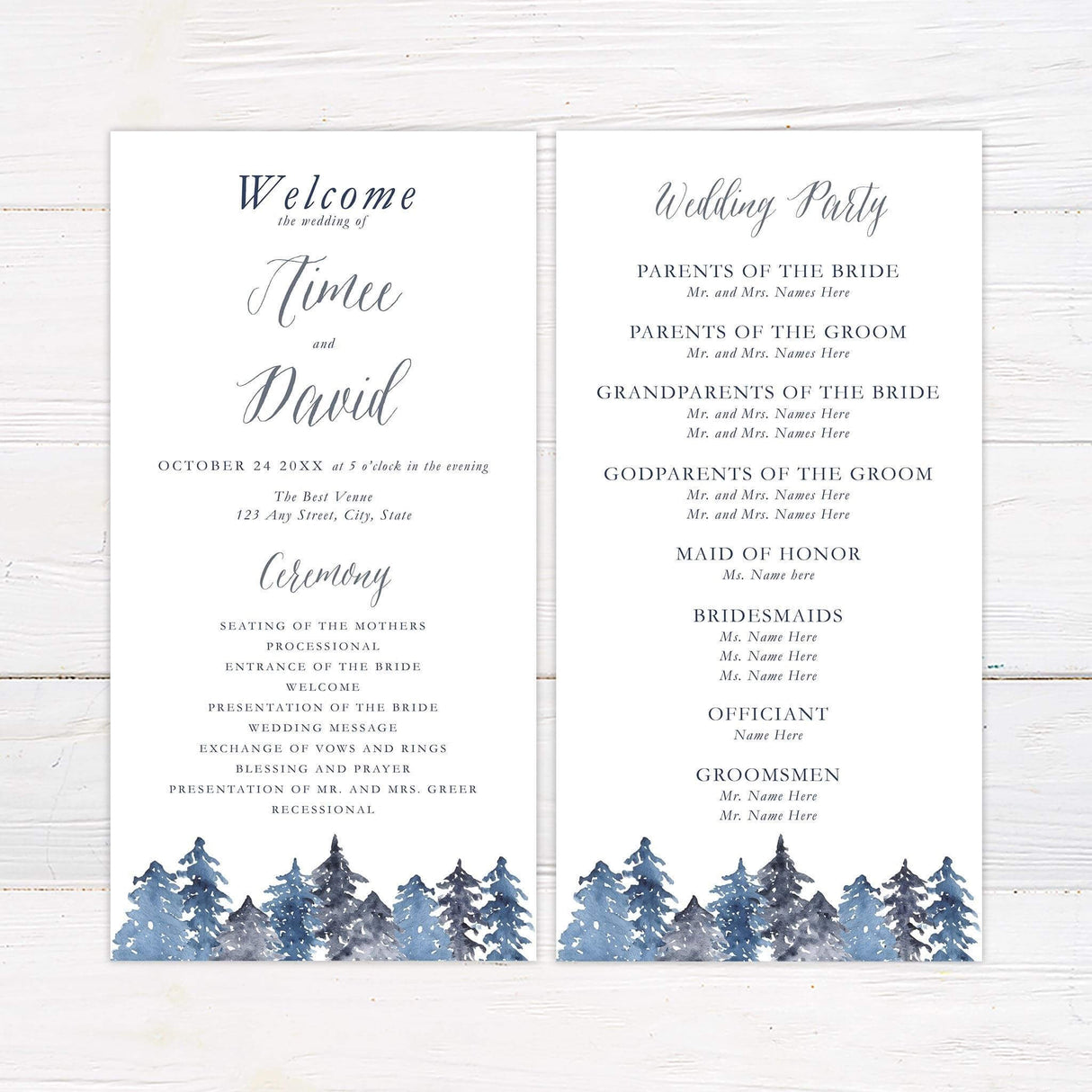 Program card with snowy watercolor pine trees in blue and gray tones and elegant calligraphy.