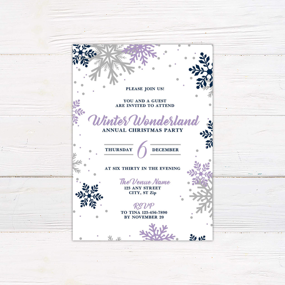 Festive invitation design with large snowflakes and soft colors invites guests to a Winter Wonderland-themed Christmas party. The layout is elegant and includes party details with decorative purple, navy, and taupe snowflakes scattered around.