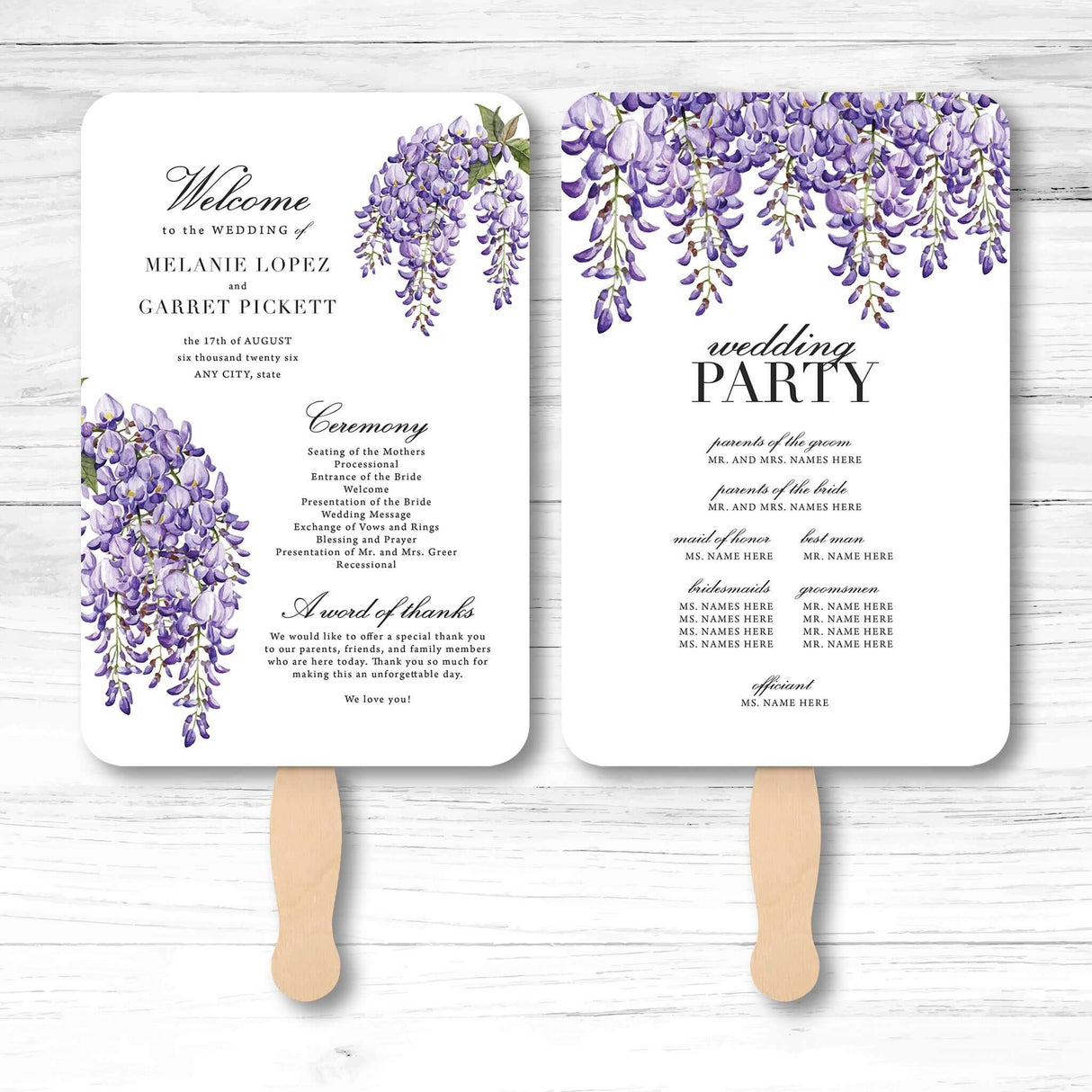 Elegant floral wedding program fan with botanical illustrations, wooden handle, and double-sided layout for ceremony and wedding party information