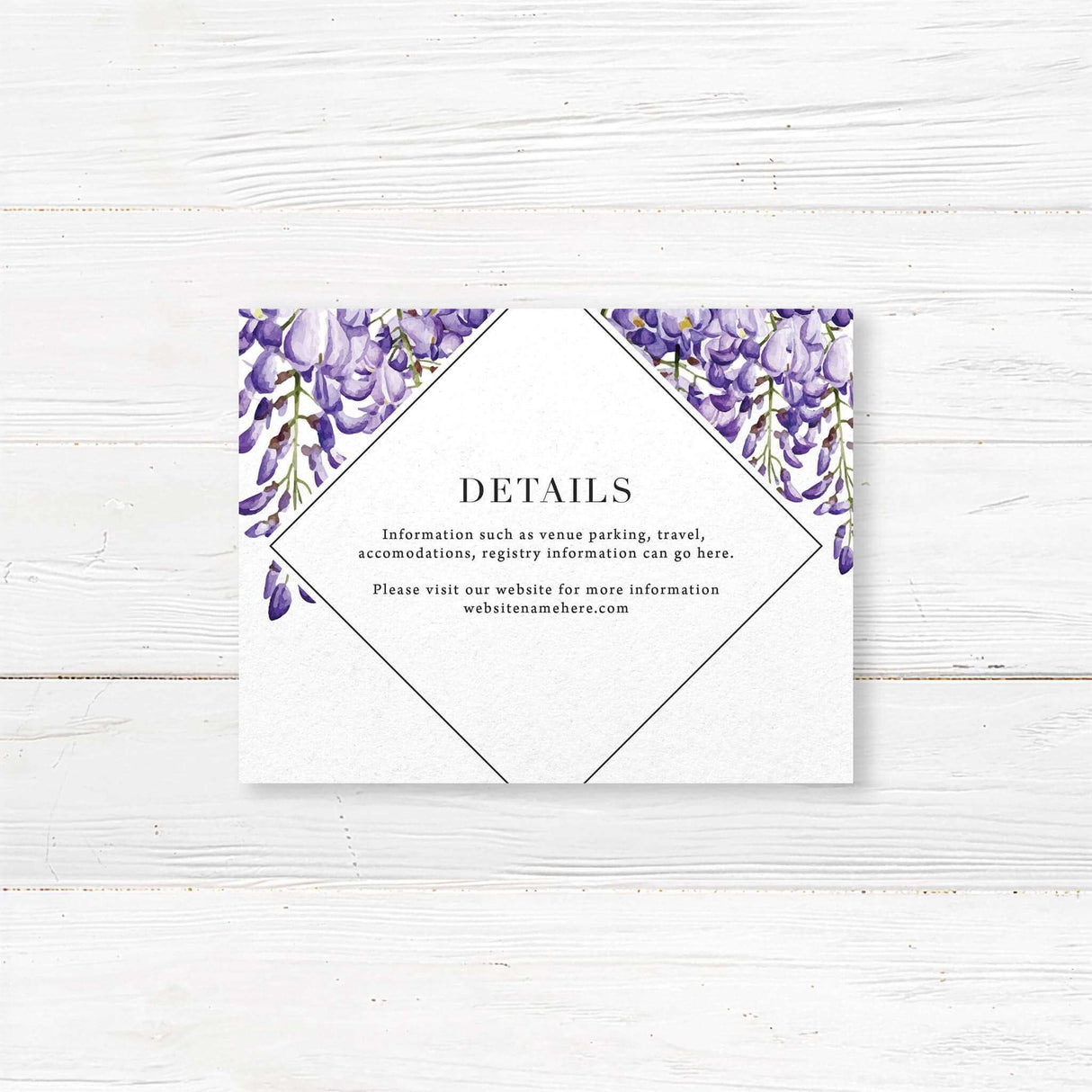 Wedding detail card with hand-painted purple wisteria flowers and classic serif fonts. Designed for travel and wedding information. Part of the Wisteria Bliss suite.
