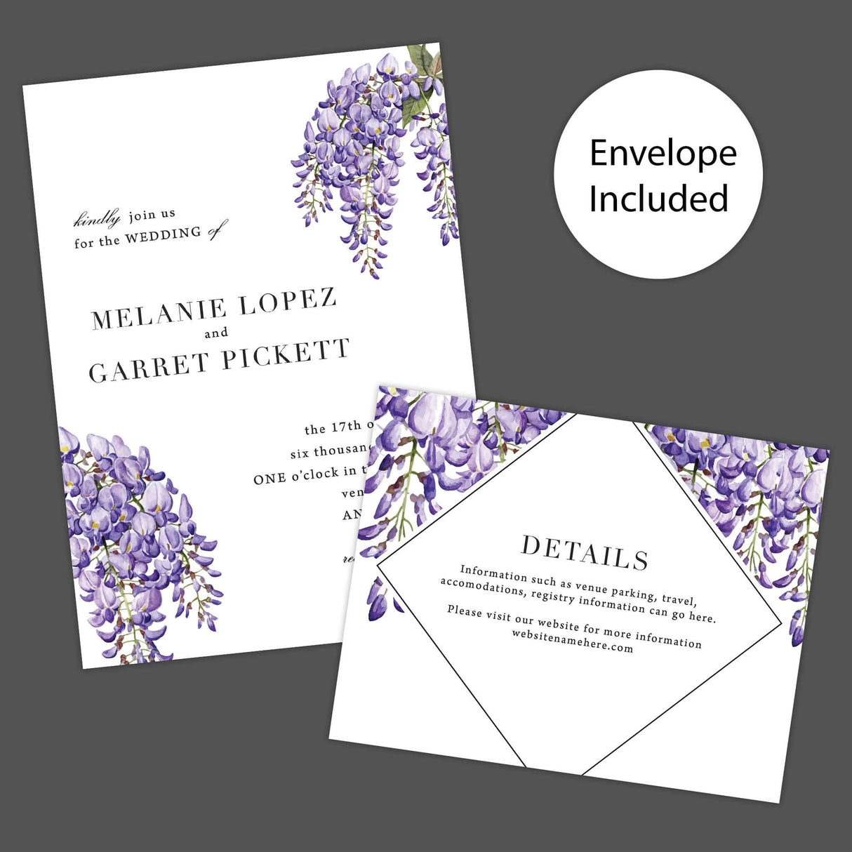 Wedding invitation with watercolor wisteria flowers in soft purple and lavender tones, paired with elegant serif fonts on white textured cardstock. Romantic floral design. Invitation and Detail Card