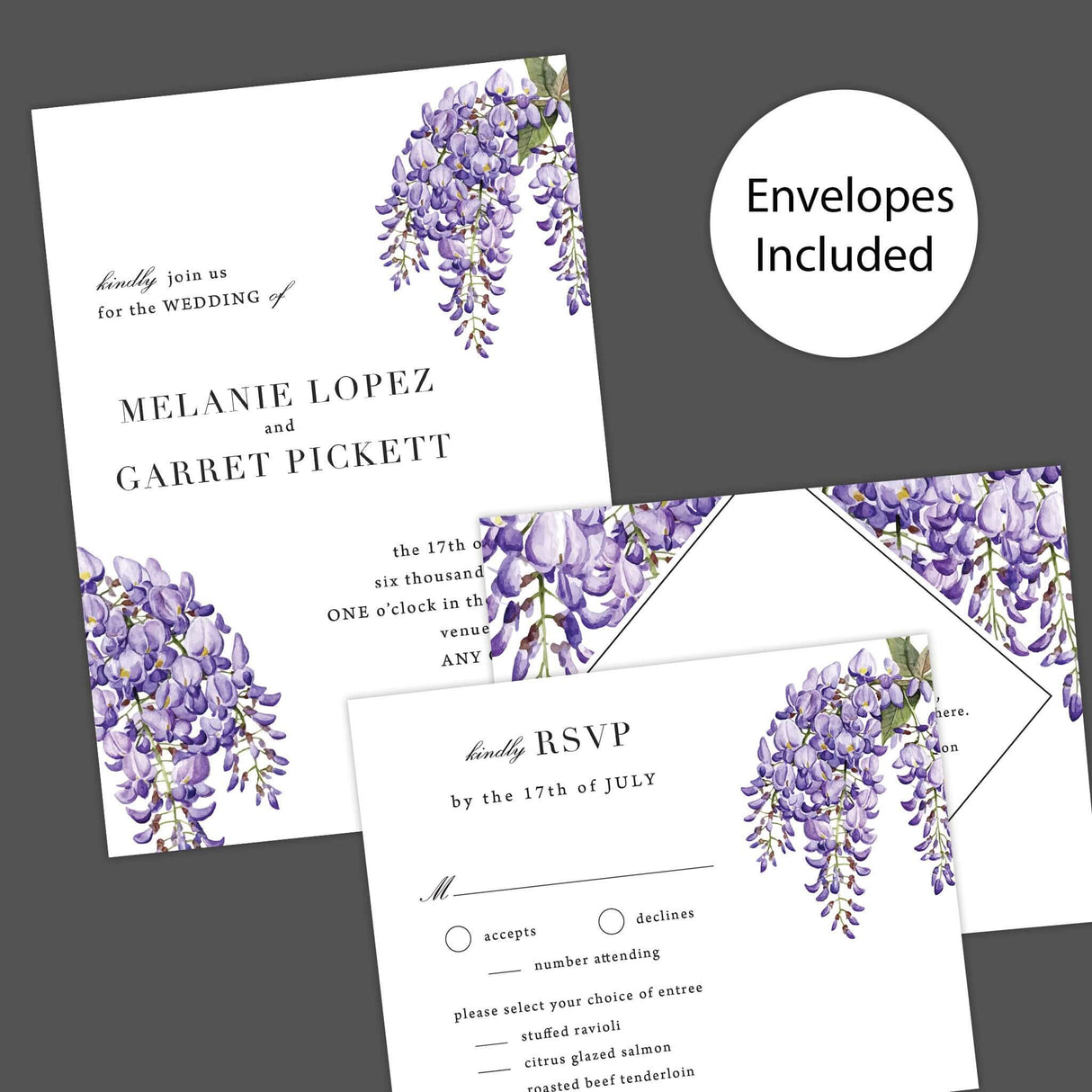 Wedding invitation with watercolor wisteria flowers in soft purple and lavender tones, paired with elegant serif fonts on white textured cardstock. Romantic floral design. Invitation , RSVP and Detail Card