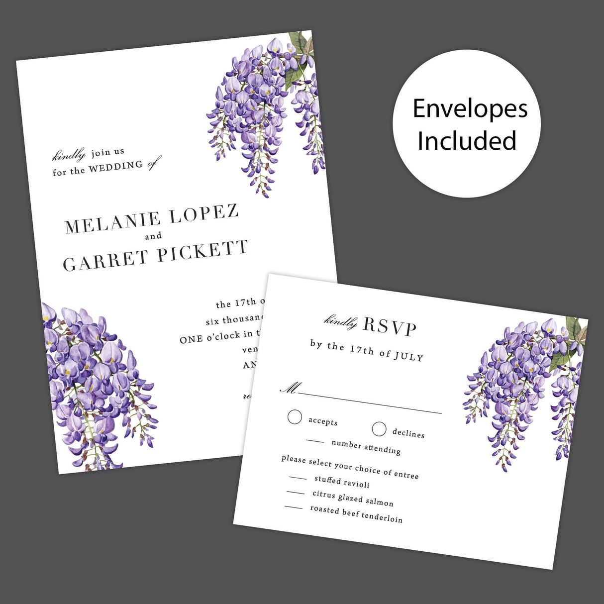 Wedding invitation with watercolor wisteria flowers in soft purple and lavender tones, paired with elegant serif fonts on white textured cardstock. Romantic floral design. Invitation and RSVP
