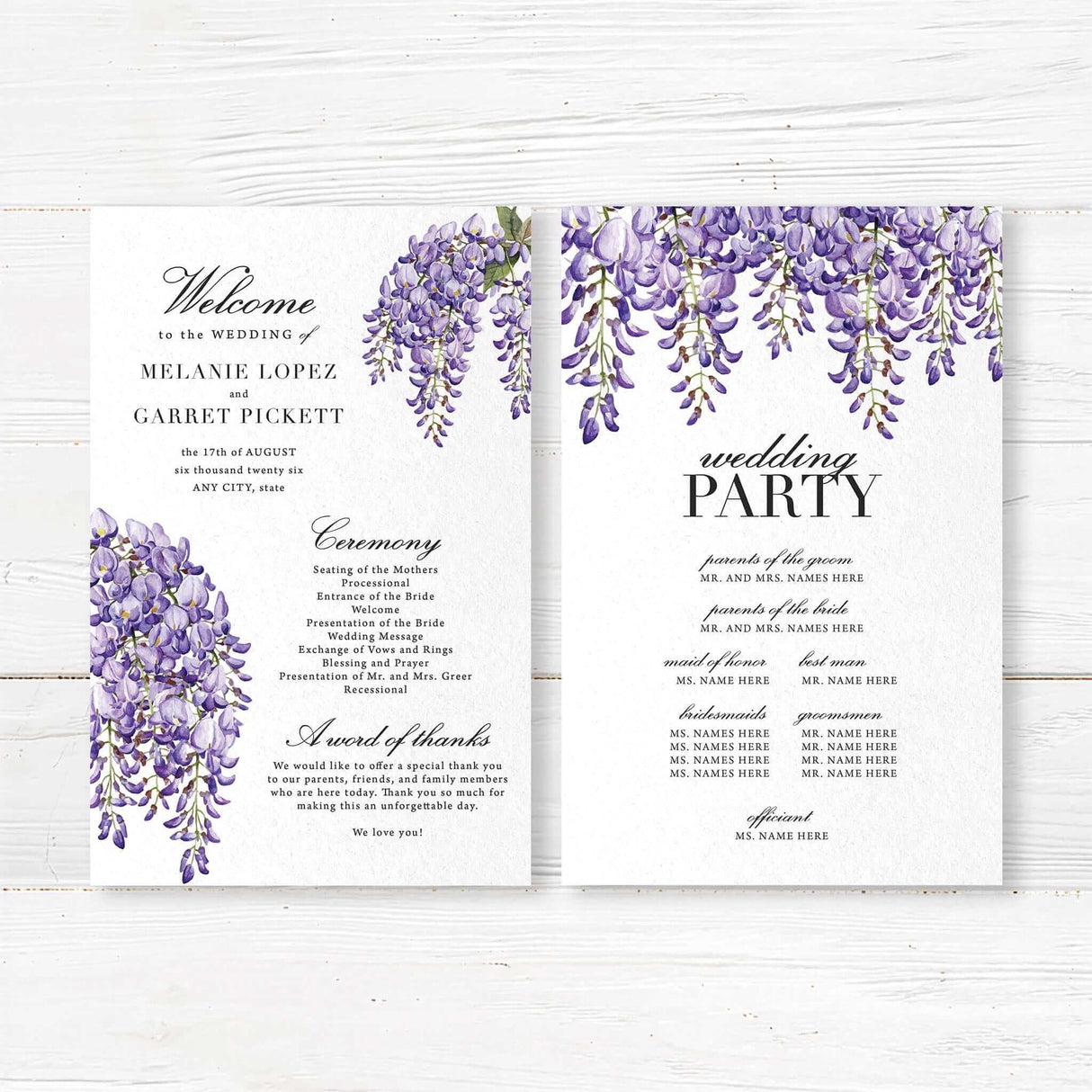 Wedding program card with purple watercolor wisteria and classic serif fonts. Includes order of ceremony and wedding party info. Part of the Wisteria Bliss suite.