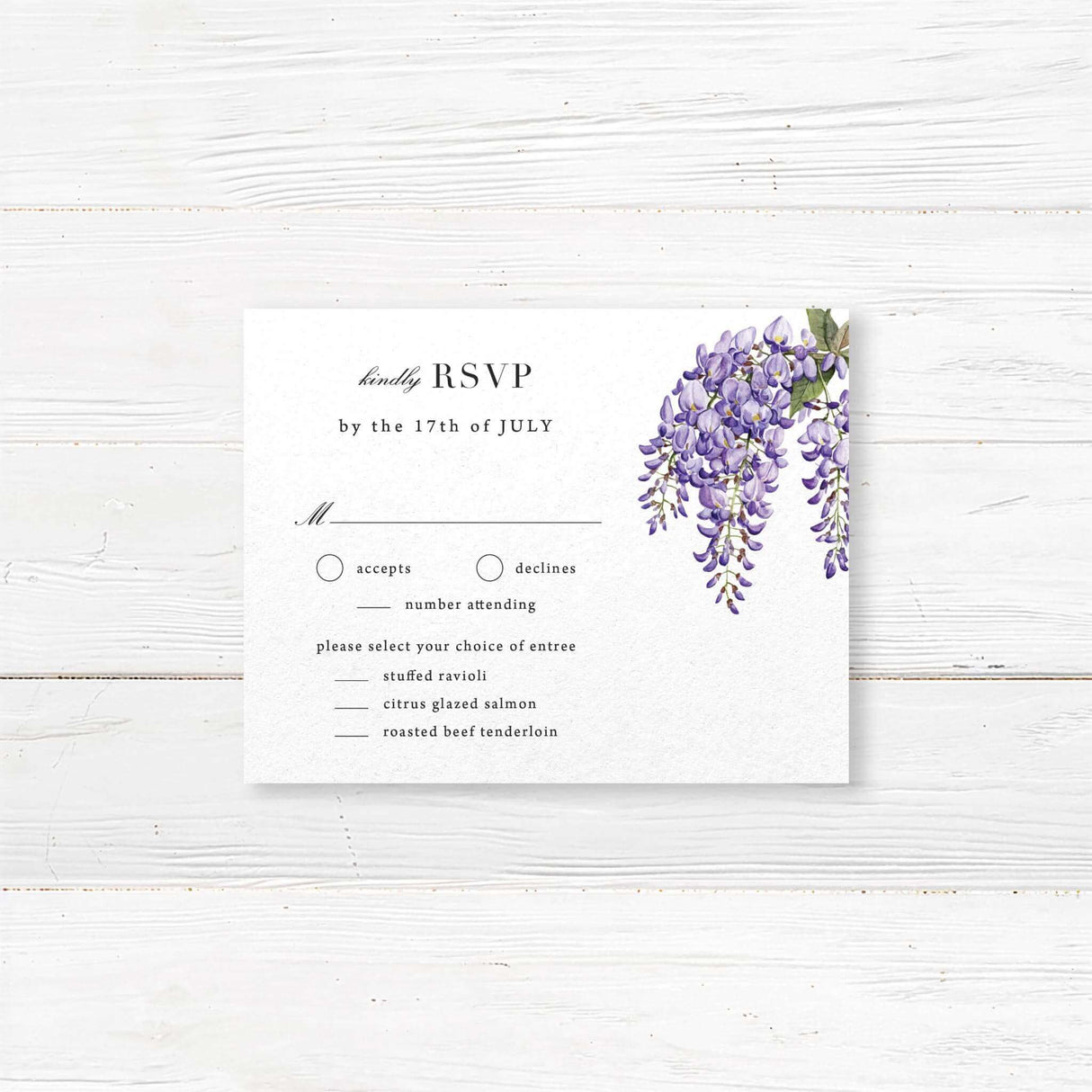 RSVP card with purple watercolor wisteria flowers and serif fonts, printed on white cardstock. Matches the Wisteria Bliss wedding stationery suite.