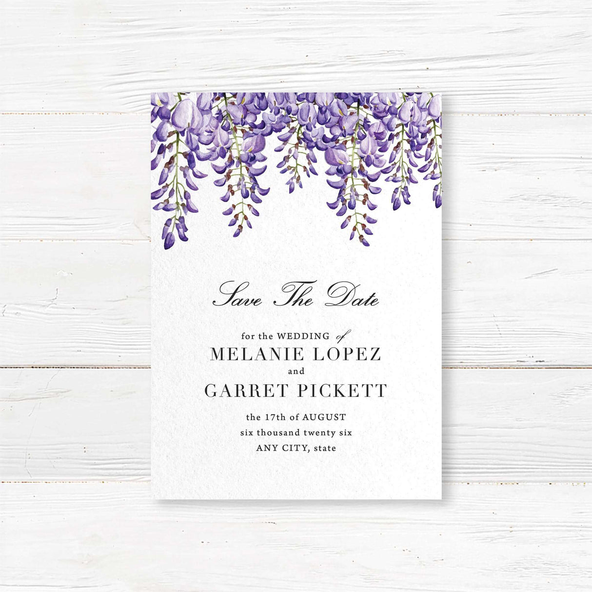 Save the Date card with soft purple watercolor wisteria and classic serif text. Matches the Wisteria Bliss wedding invitation suite. Elegant and romantic floral design.