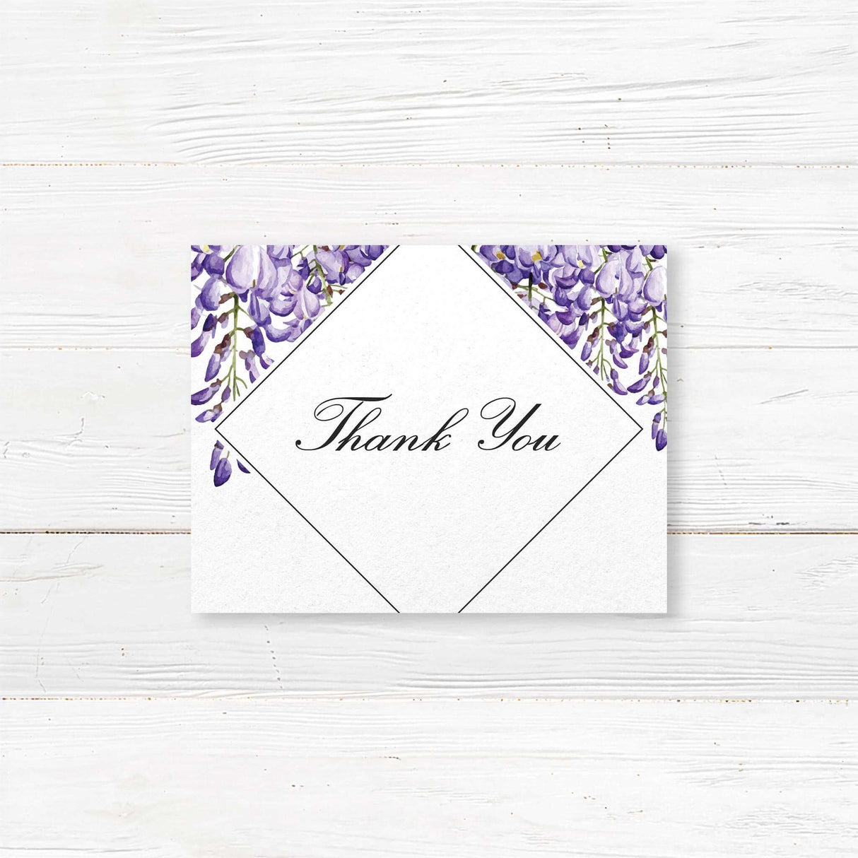 Thank you card with purple watercolor wisteria and refined serif fonts, printed on white cardstock. Completes the Wisteria Bliss wedding stationery suite.