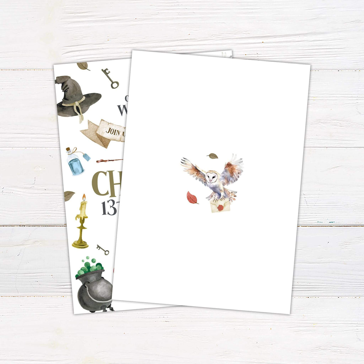 Magical wizard-themed birthday invitation featuring watercolor elements like a sorting hat, owl, potion bottle, and spell book. Perfect for a fantasy or wizard party. Back.