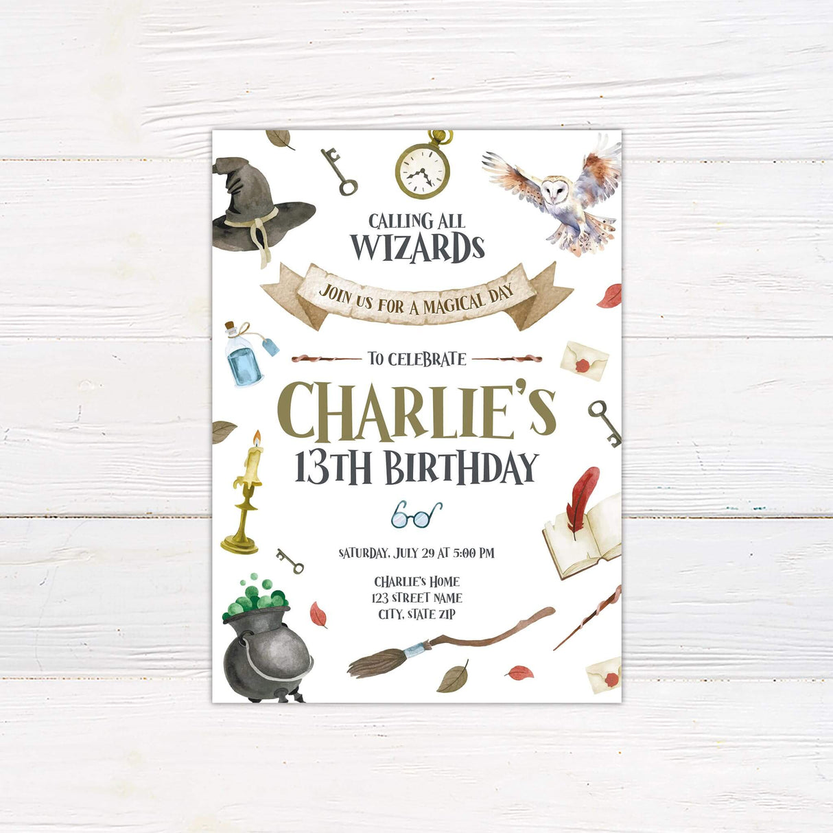 Magical wizard-themed birthday invitation featuring watercolor elements like a sorting hat, owl, potion bottle, and spell book. Perfect for a fantasy or wizard party.