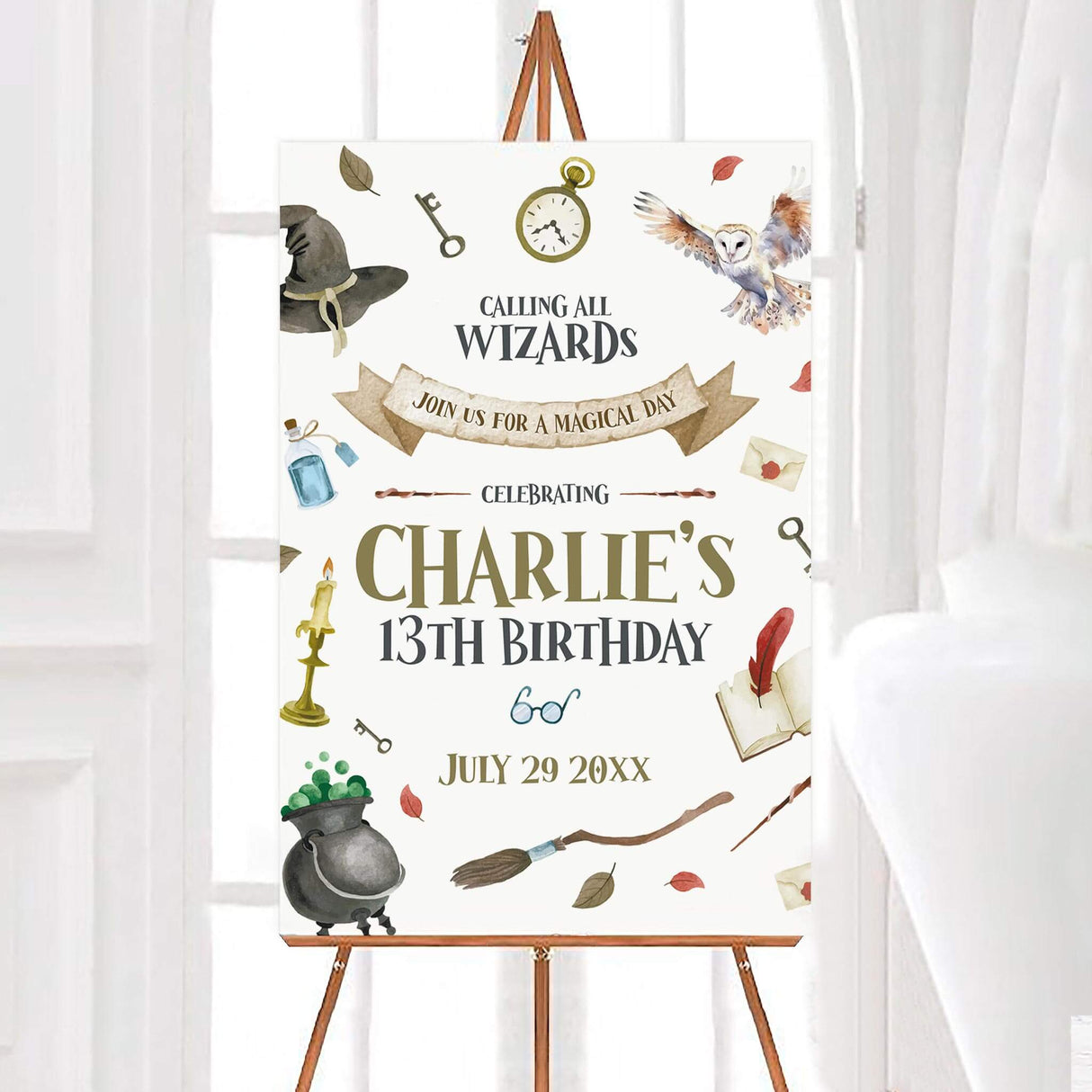 Wizard-themed party welcome sign with magical watercolor elements including a cauldron, wand, and enchanted scroll. Ideal for a fantasy or wizard birthday celebration.