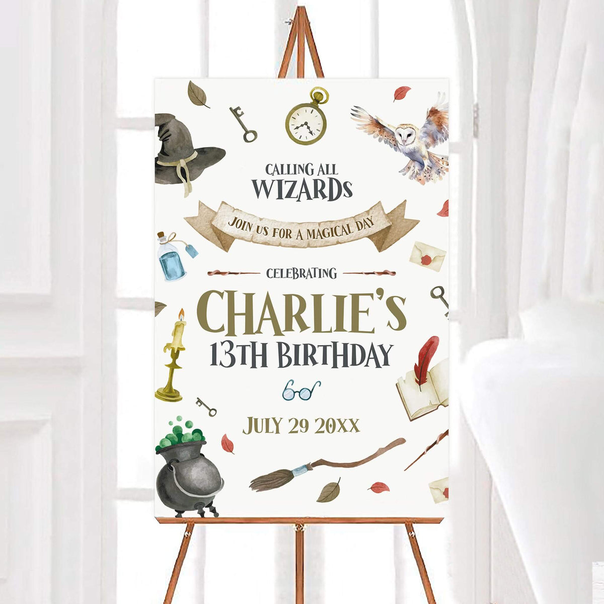 Wizard birthday party welcome sign featuring watercolor illustrations of a flying owl, sorting hat, potion cauldron, broomstick, wand, and magical accessories. Fantasy-inspired lettering displays a magical birthday greeting with a personalized name, age, and celebration date.