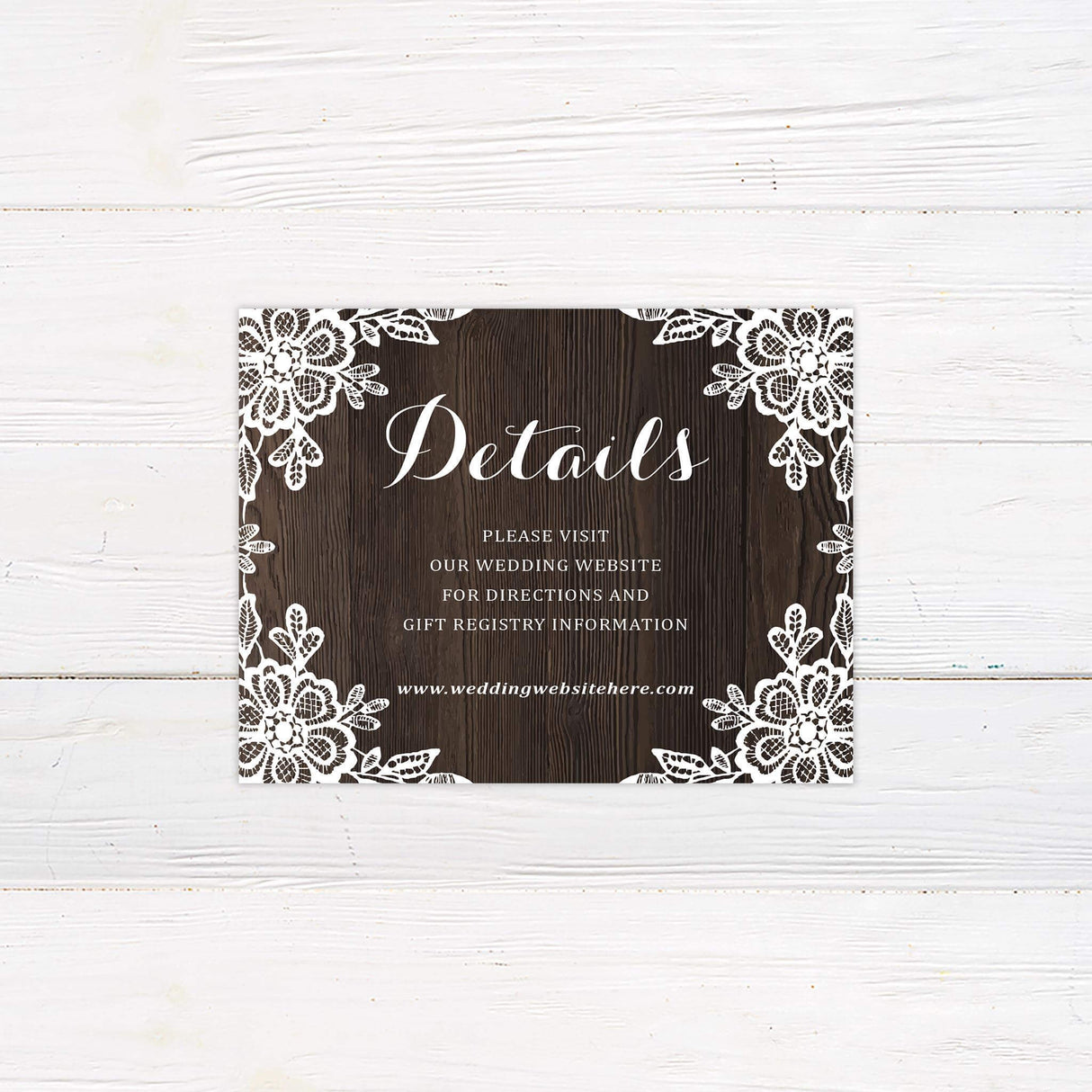 Coordinated wedding detail card featuring wood texture and white lace border.