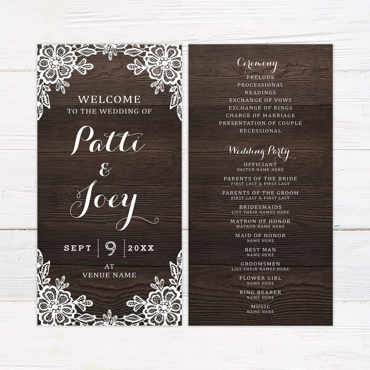Rustic wedding program with lace accents and wood plank backdrop.