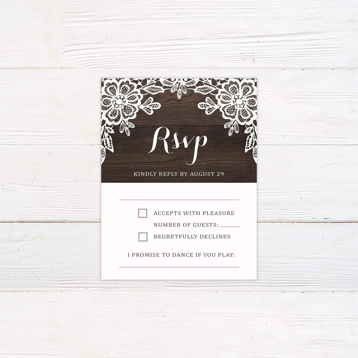 Rustic RSVP card with matching lace design and woodgrain background.