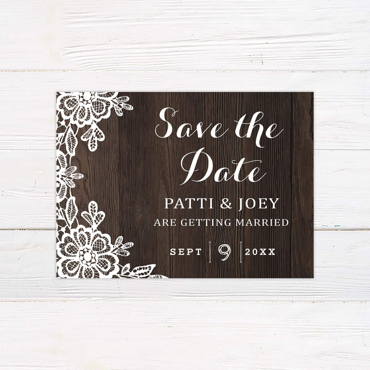 Save the Date card with romantic lace and woodgrain texture from the Wood and Lace suite.