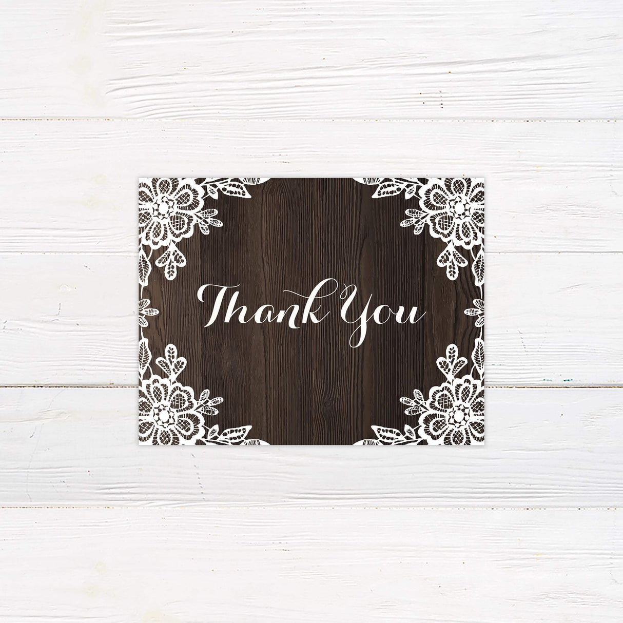 Thank you card with matching woodgrain design and delicate lace trim.