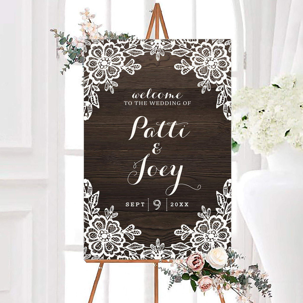 Rustic welcome sign featuring white lace details over dark wood background.