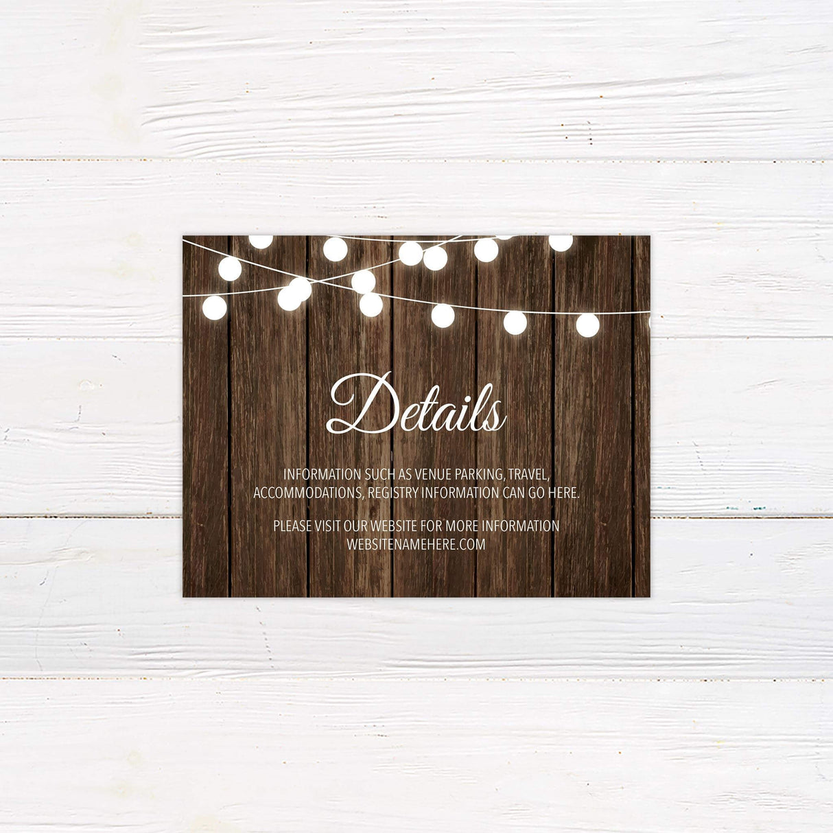 Wedding detail card with wooden background and minimal layout from the Wooden Lights suite.