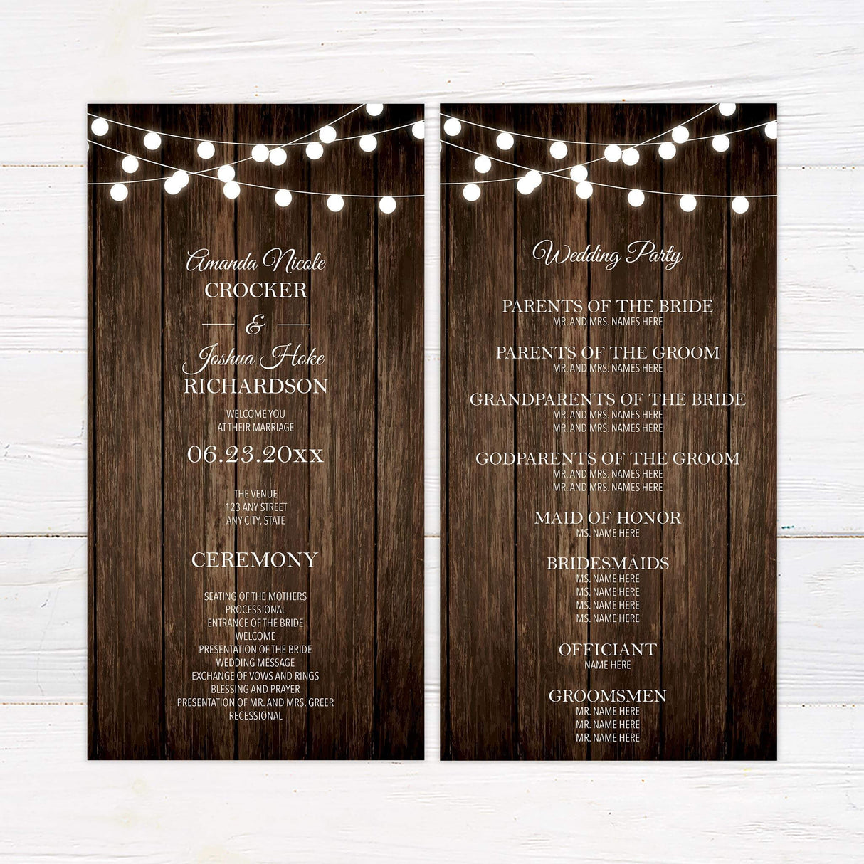 Coordinated wedding program featuring wood grain texture and bold classic fonts.