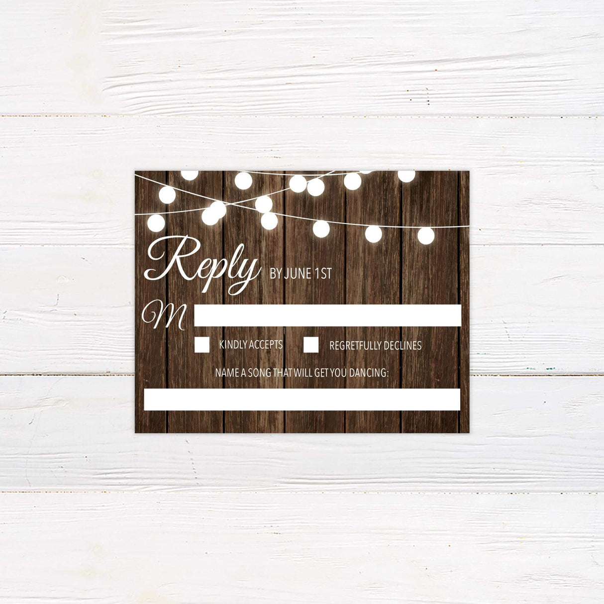 Rustic RSVP card with matching wood texture and string lights, clean serif text.